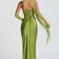 Ruched Sleeveless Satin Maxi Prom Dress With Corset Back And Scarf Detail