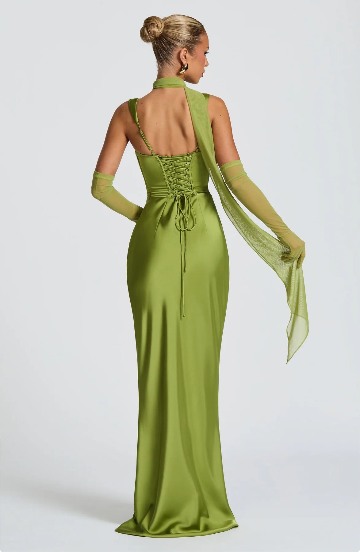 Ruched Sleeveless Satin Maxi Prom Dress With Corset Back And Scarf Detail