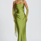 Ruched Sleeveless Satin Maxi Prom Dress With Corset Back And Scarf Detail