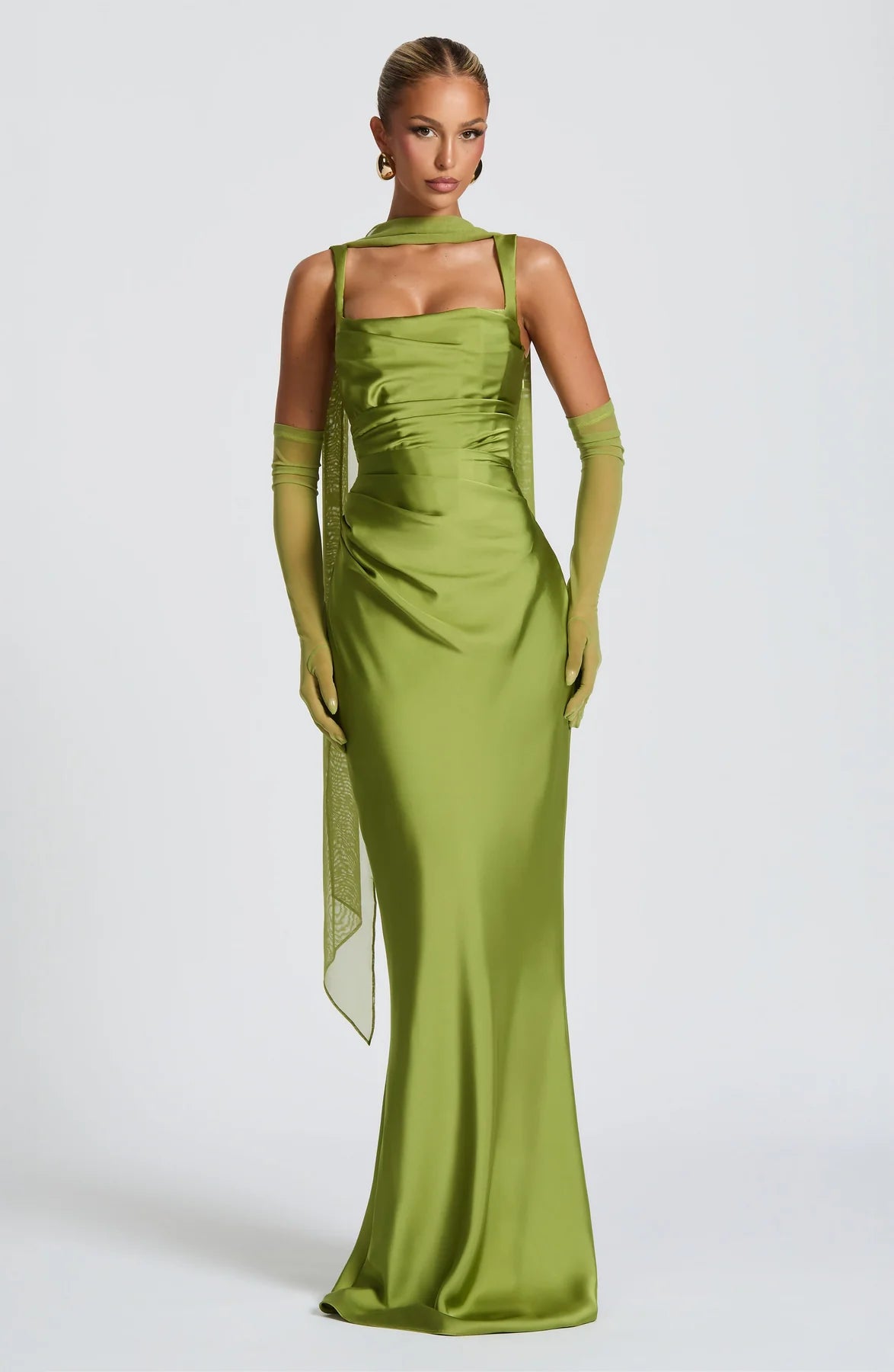 Ruched Sleeveless Satin Maxi Prom Dress With Corset Back And Scarf Detail