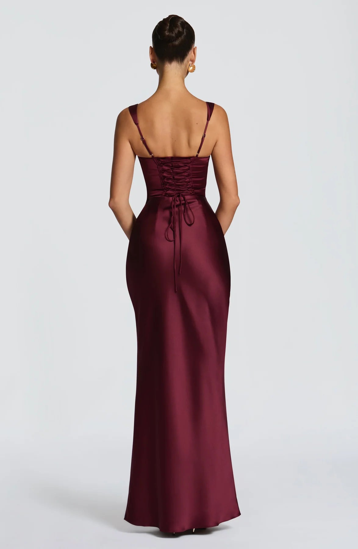 Ruched Sleeveless Satin Maxi Prom Dress With Corset Back And Scarf Detail