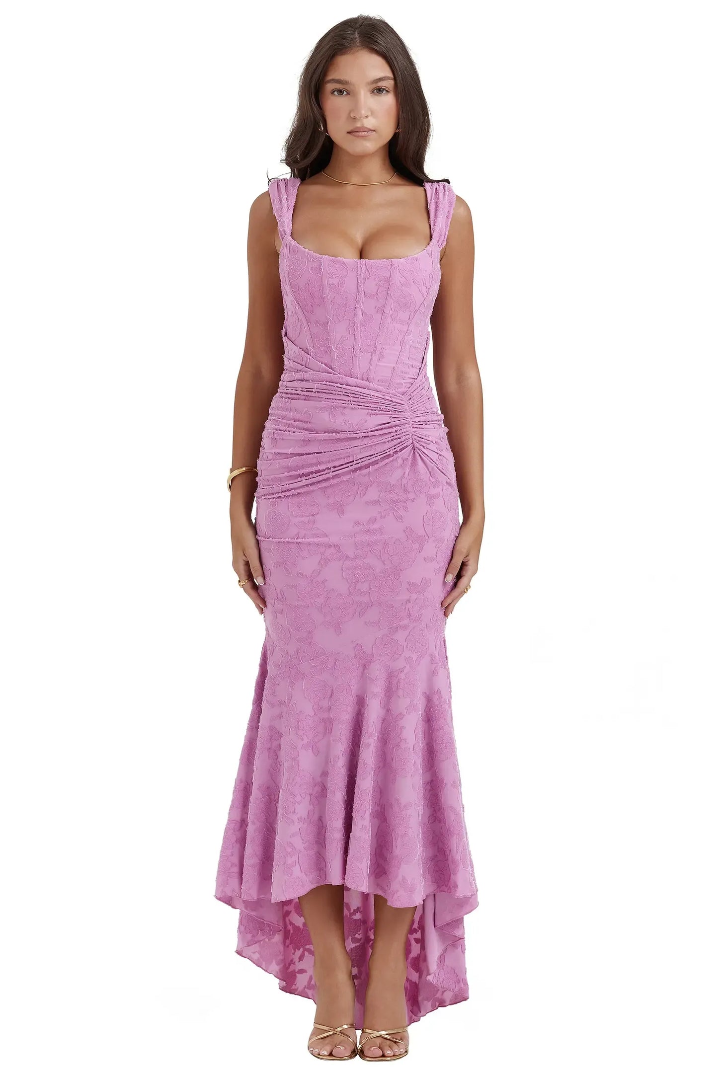 Ruched Mermaid Square Wide Strap Zip Back High Low Prom Dress