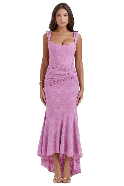 Ruched Mermaid Square Wide Strap Zip Back High Low Prom Dress
