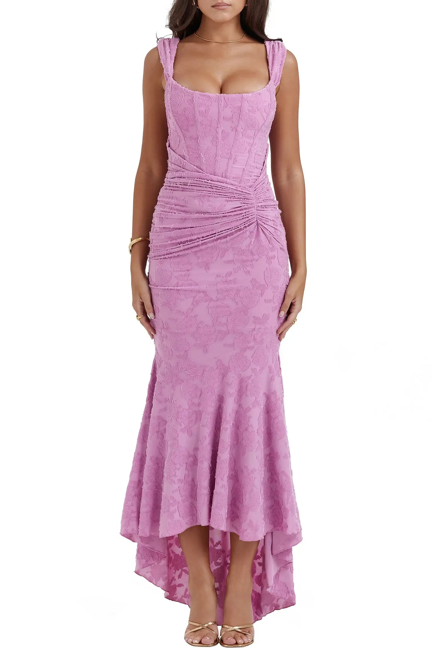 Ruched Mermaid Square Wide Strap Zip Back High Low Prom Dress