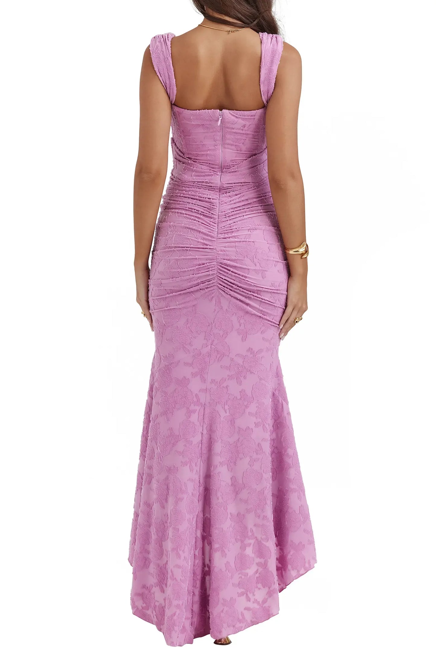Ruched Mermaid Square Wide Strap Zip Back High Low Prom Dress