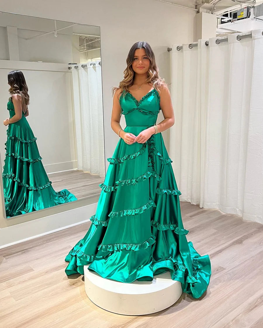 Ruffled Tiered A-Line V Neck Spaghetti Strap Satin Floor Length Prom Evening Gown