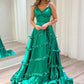 Ruffled Tiered A-Line V Neck Spaghetti Strap Satin Floor Length Prom Evening Gown