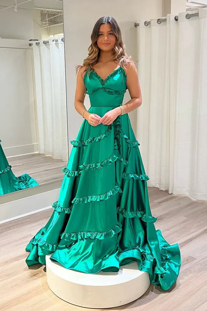 Ruffled Tiered A-Line V Neck Spaghetti Strap Satin Floor Length Prom Evening Gown