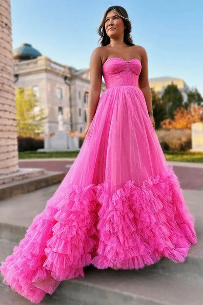 Ruffled Tiered Hem A-Line Sweetheart Neck Strapless Glitter Tulle Floor Length Prom Evening Gown