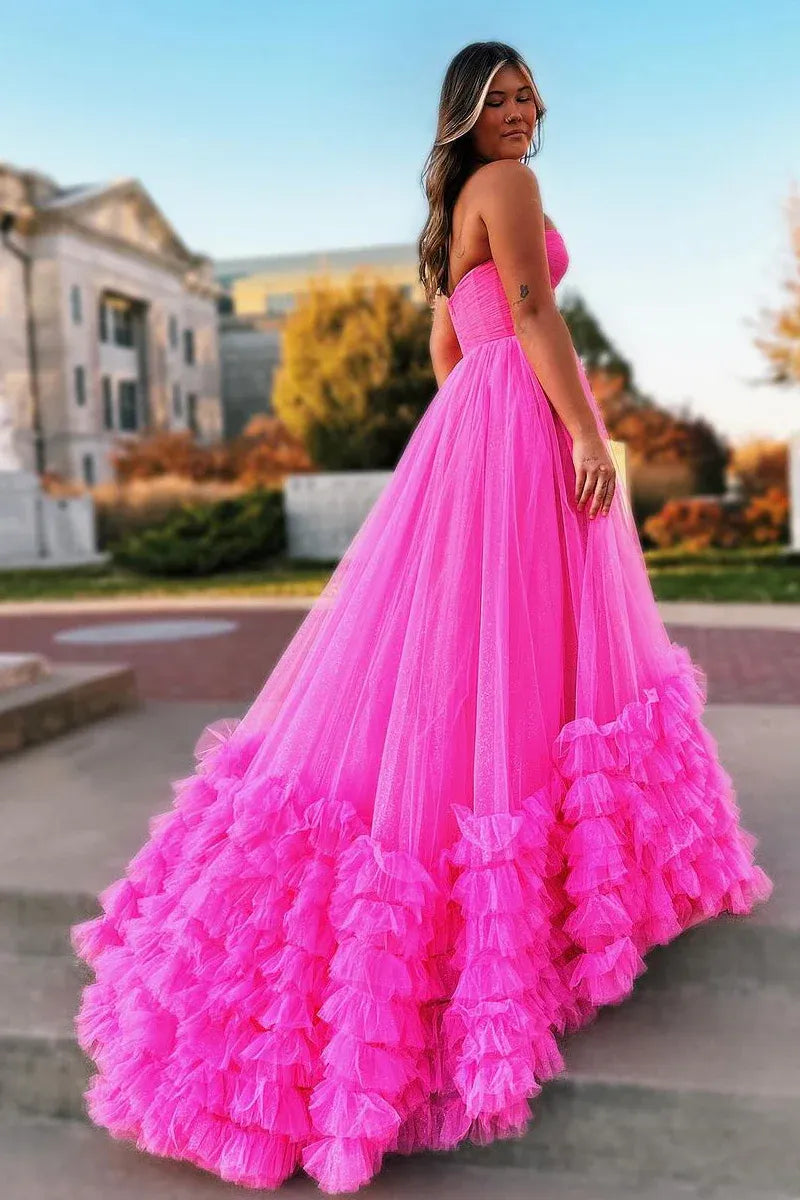 Ruffled Tiered Hem A-Line Sweetheart Neck Strapless Glitter Tulle Floor Length Prom Evening Gown