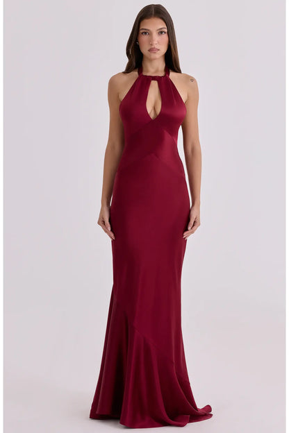 Sculpted Mermaid Halter Sleeveless Tie Back Train Evening Dress