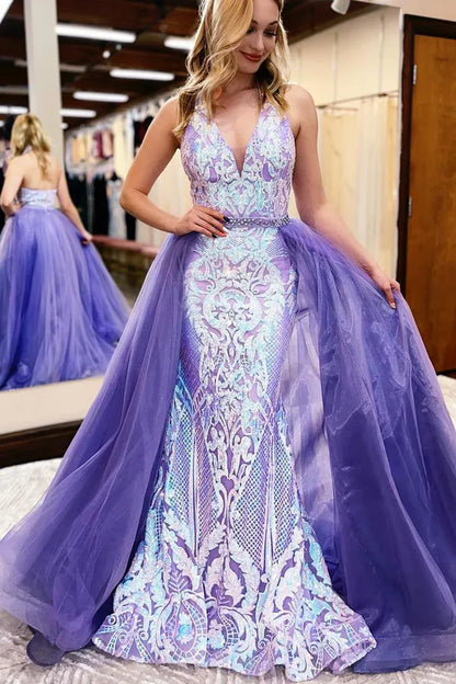 Sequin Lace Mermaid Halter Deep V Neck Sleeveless Open Back Floor Length Prom Evening Gown