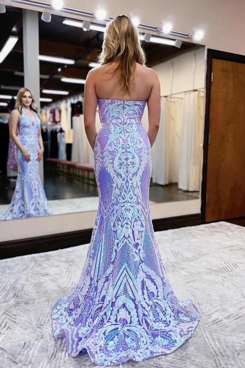 Sequin Lace Mermaid Halter Deep V Neck Sleeveless Open Back Floor Length Prom Evening Gown