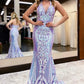 Sequin Lace Mermaid Halter Deep V Neck Sleeveless Open Back Floor Length Prom Evening Gown