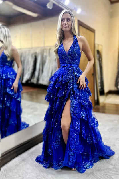 Sequin Tiered Ball Halter V Zip Low Back Slit Train Prom Gown