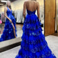 Sequin Tiered Ball Halter V Zip Low Back Slit Train Prom Gown