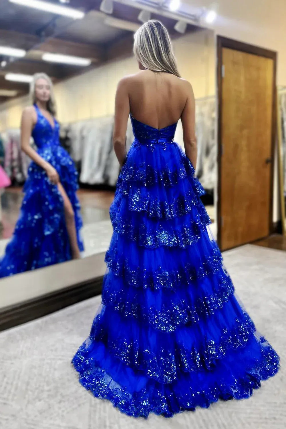 Sequin Tiered Ball Halter V Zip Low Back Slit Train Prom Gown