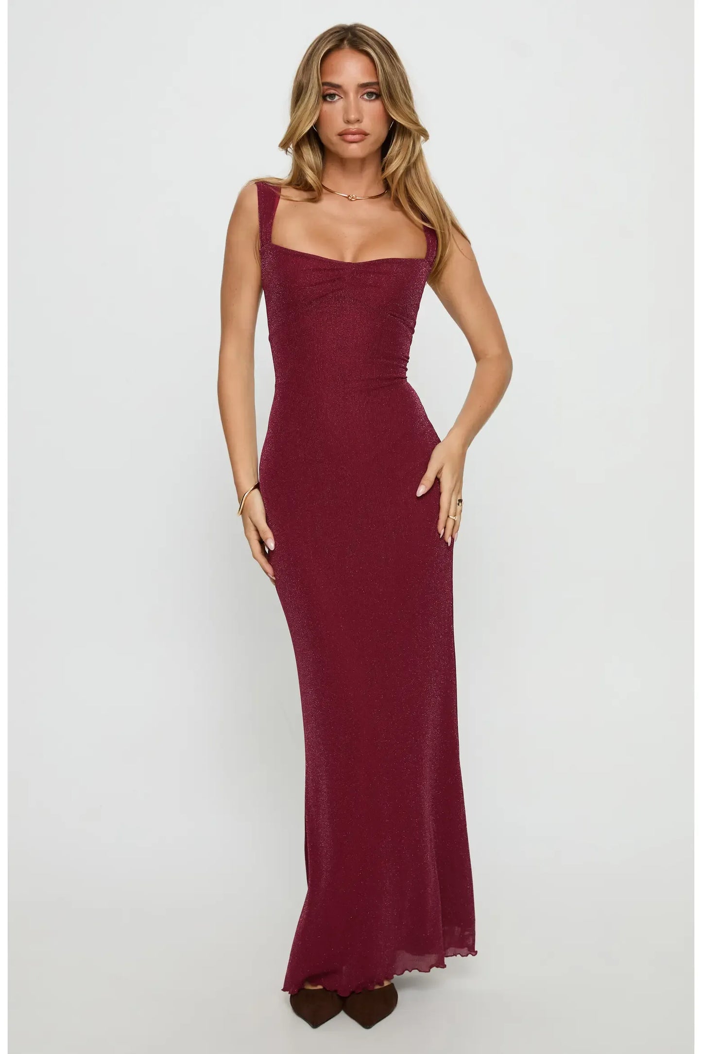 Shimmer Mermaid Maxi Square Strap Crisscross Lace Up Back Formal Dress