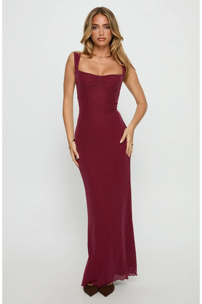 Shimmer Mermaid Maxi Square Strap Crisscross Lace Up Back Formal Dress