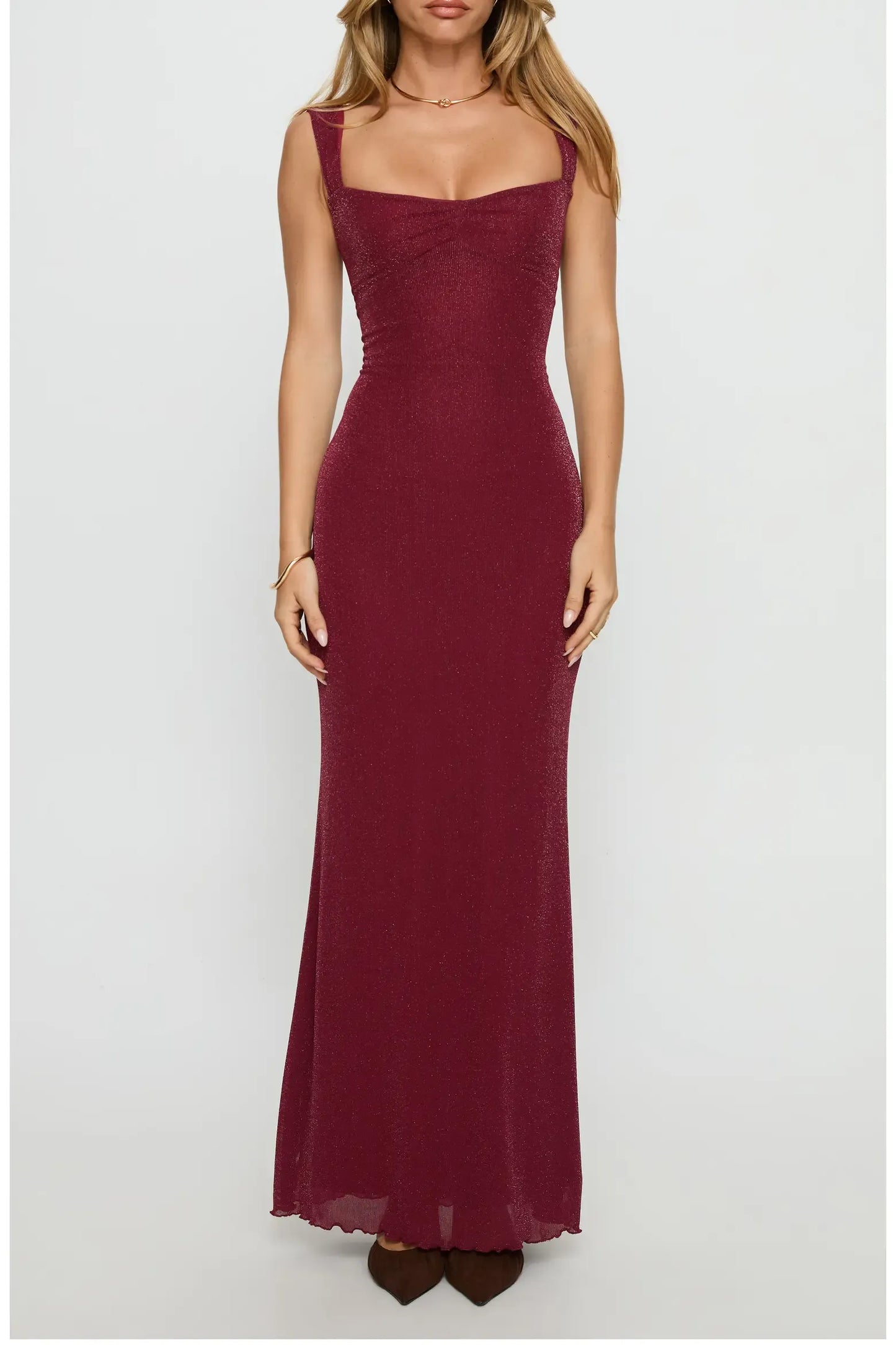 Shimmer Mermaid Maxi Square Strap Crisscross Lace Up Back Formal Dress