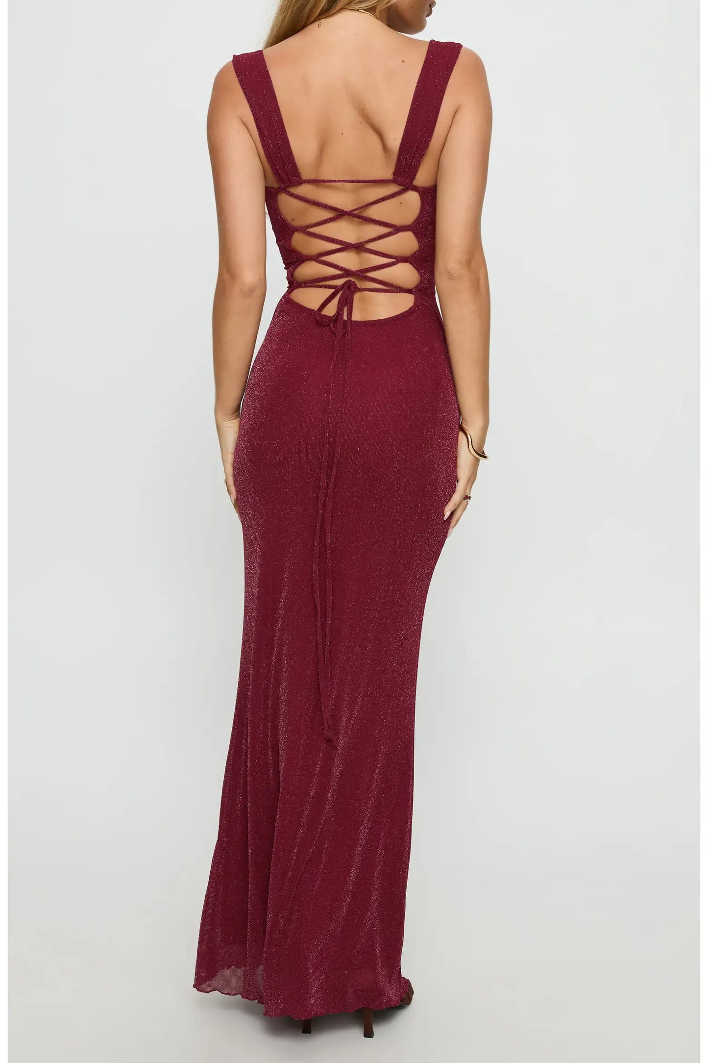 Shimmer Mermaid Maxi Square Strap Crisscross Lace Up Back Formal Dress