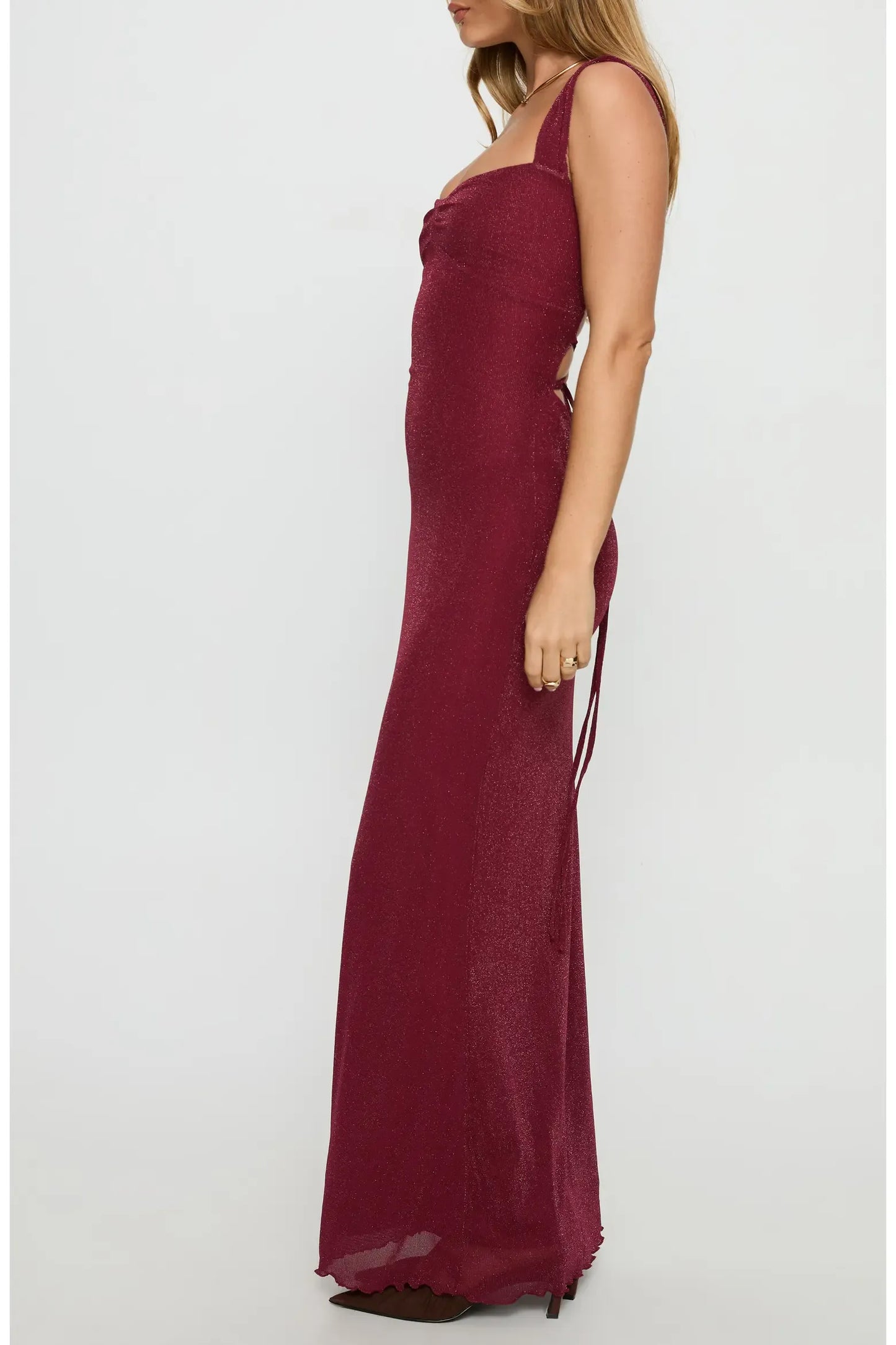 Shimmer Mermaid Maxi Square Strap Crisscross Lace Up Back Formal Dress