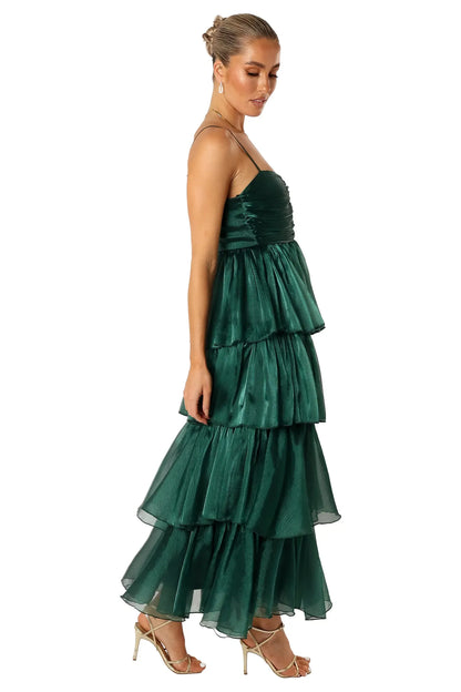 Shimmer Tiered Midi Square Thin Strap Zip Back Wedding Guest Dress
