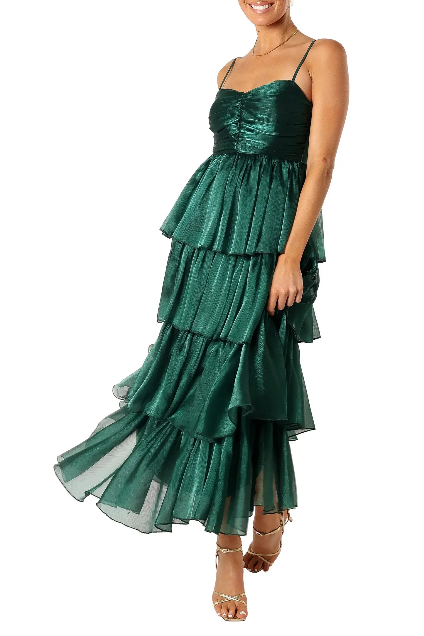 Shimmer Tiered Midi Square Thin Strap Zip Back Wedding Guest Dress