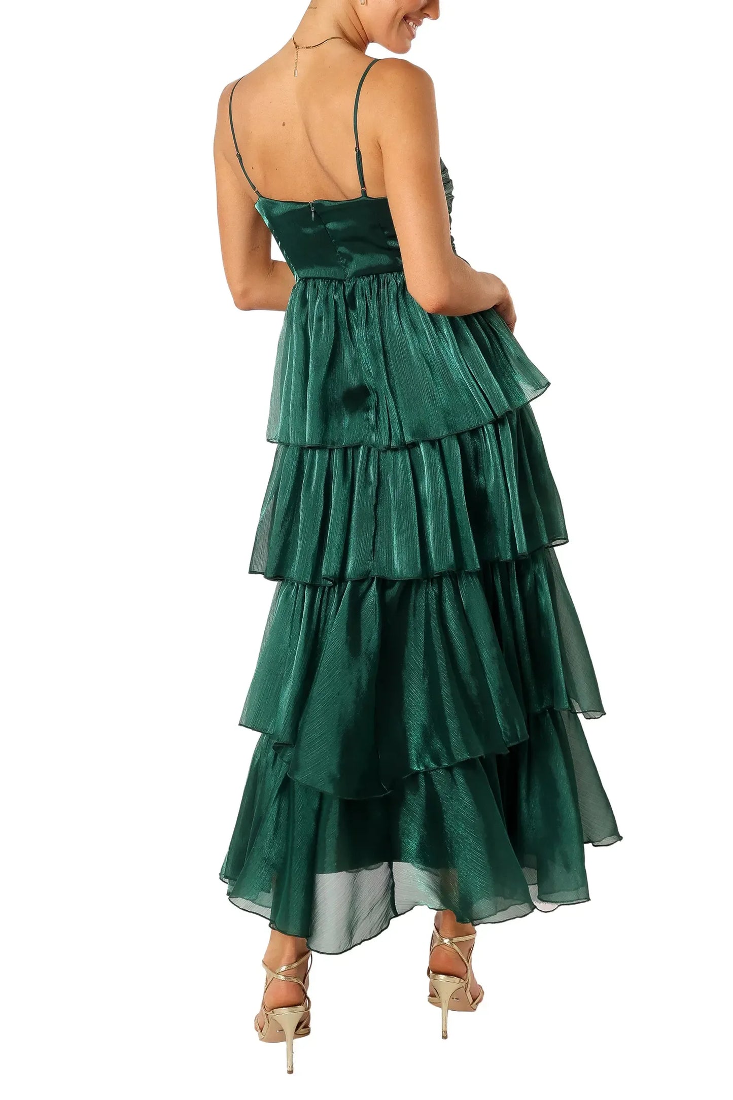 Shimmer Tiered Midi Square Thin Strap Zip Back Wedding Guest Dress