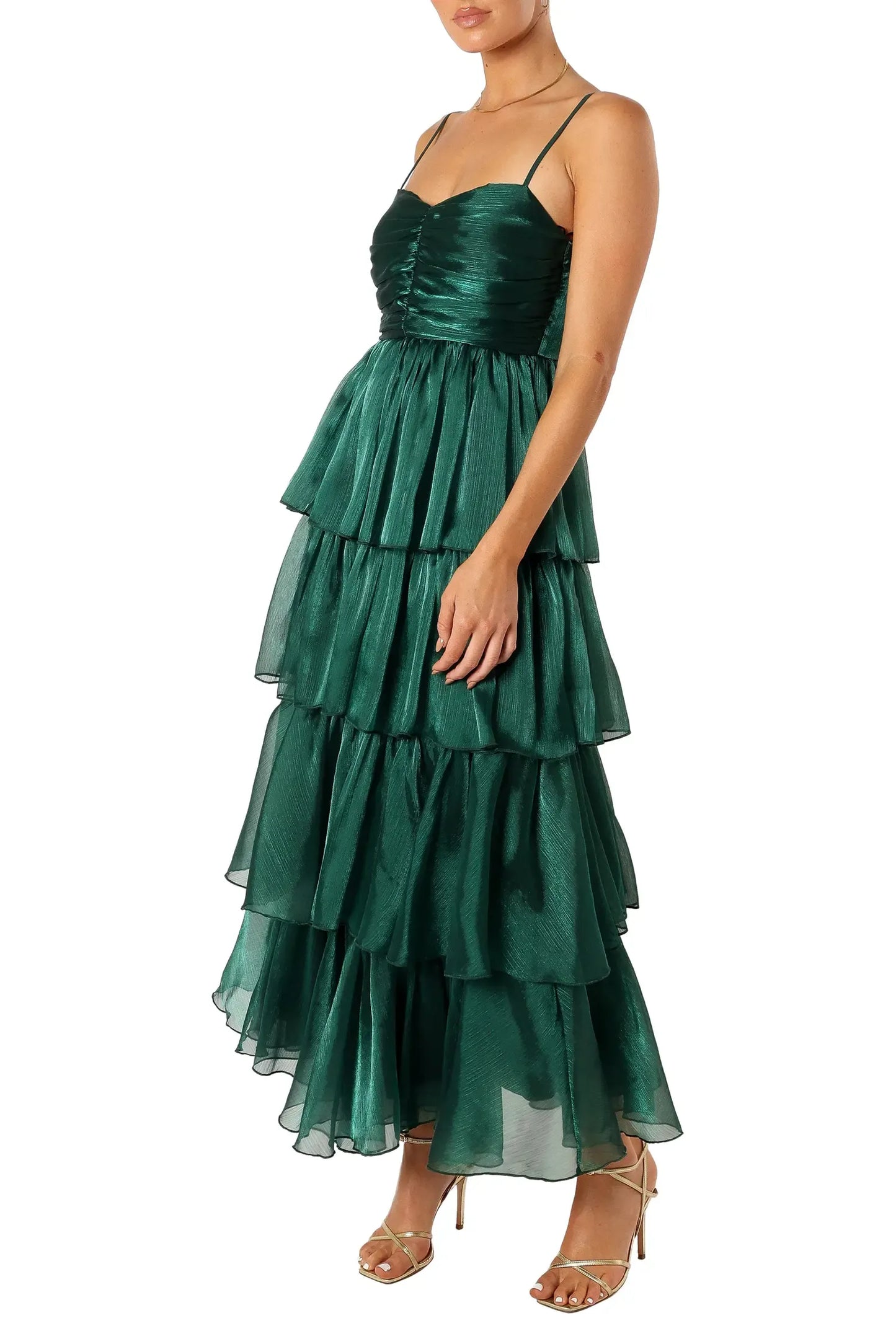 Shimmer Tiered Midi Square Thin Strap Zip Back Wedding Guest Dress