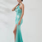 Shimmering Mermaid Halter Sleeveless Corset Satin Maxi Evening Dress with Slit