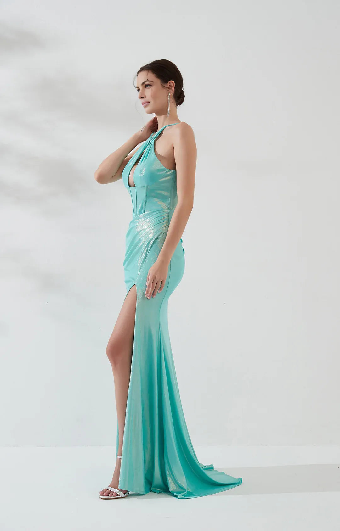 Shimmering Mermaid Halter Sleeveless Corset Satin Maxi Evening Dress with Slit