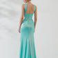 Shimmering Mermaid Halter Sleeveless Corset Satin Maxi Evening Dress with Slit