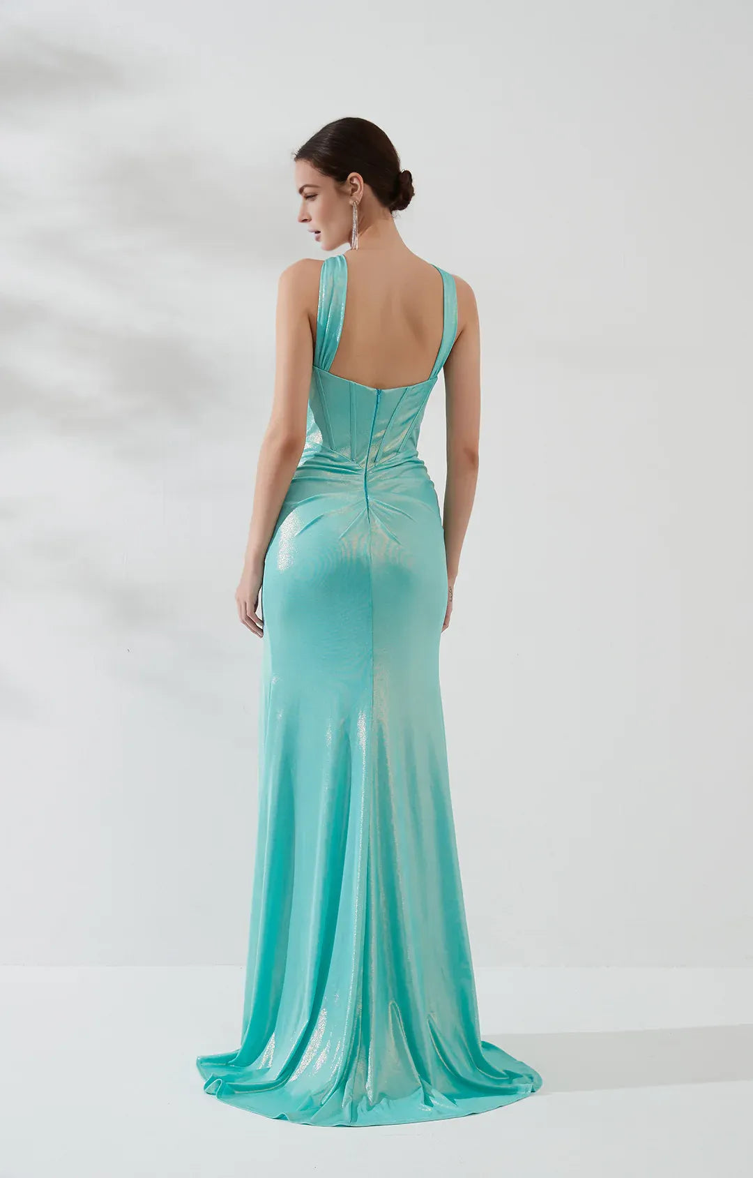 Shimmering Mermaid Halter Sleeveless Corset Satin Maxi Evening Dress with Slit