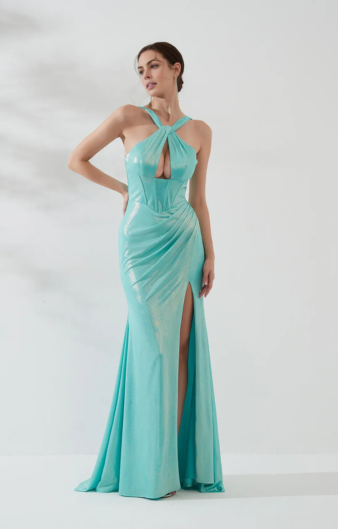Shimmering Mermaid Halter Sleeveless Corset Satin Maxi Evening Dress with Slit