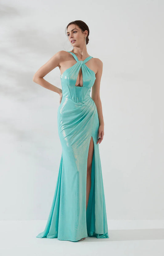 Shimmering Mermaid Halter Sleeveless Corset Satin Maxi Evening Dress with Slit