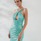 Shimmering Mermaid Halter Sleeveless Corset Satin Maxi Evening Dress with Slit