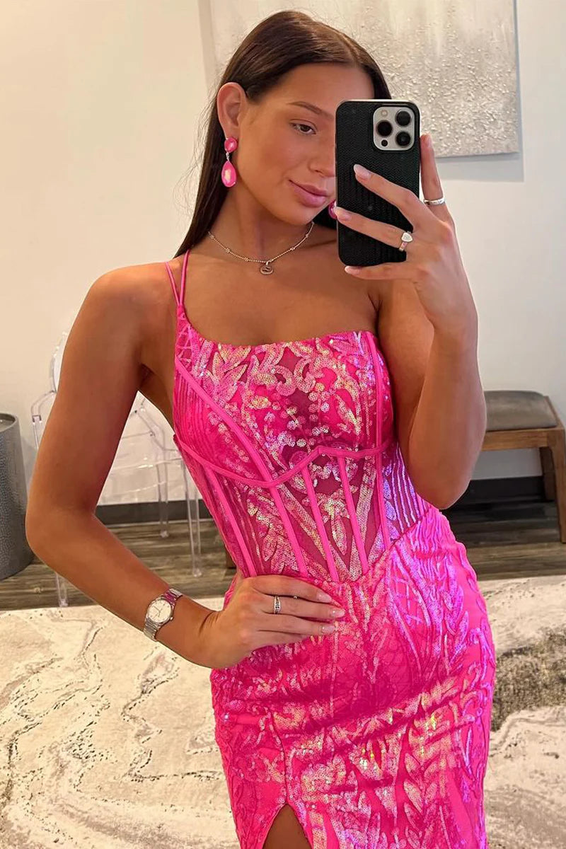 Shimmering Mermaid One Shoulder Sleeveless Sequin Lace Corset High Slit Floor Length Prom Evening Gown