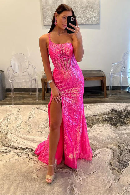 Shimmering Mermaid One Shoulder Sleeveless Sequin Lace Corset High Slit Floor Length Prom Evening Gown
