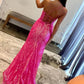 Shimmering Mermaid One Shoulder Sleeveless Sequin Lace Corset High Slit Floor Length Prom Evening Gown