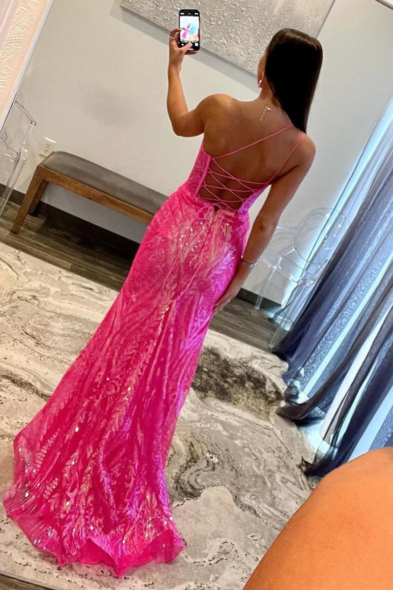 Shimmering Mermaid One Shoulder Sleeveless Sequin Lace Corset High Slit Floor Length Prom Evening Gown