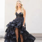Shimmering Sequin Tiered A-Line Sweetheart Neck Strapless Tulle Lace Waist Bow High Slit Floor Length Prom Evening Gown