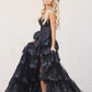 Shimmering Sequin Tiered A-Line Sweetheart Neck Strapless Tulle Lace Waist Bow High Slit Floor Length Prom Evening Gown