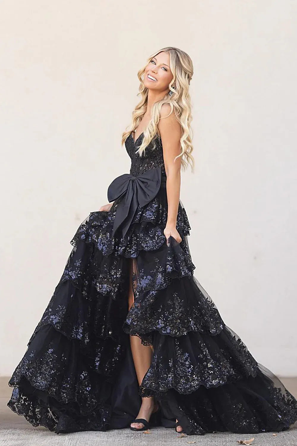 Shimmering Sequin Tiered A-Line Sweetheart Neck Strapless Tulle Lace Waist Bow High Slit Floor Length Prom Evening Gown