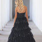 Shimmering Sequin Tiered A-Line Sweetheart Neck Strapless Tulle Lace Waist Bow High Slit Floor Length Prom Evening Gown