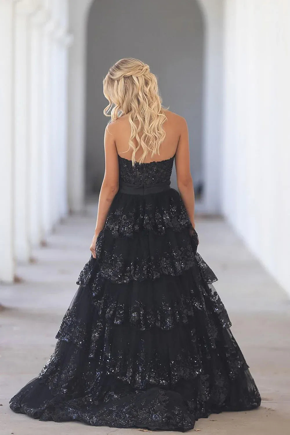 Shimmering Sequin Tiered A-Line Sweetheart Neck Strapless Tulle Lace Waist Bow High Slit Floor Length Prom Evening Gown