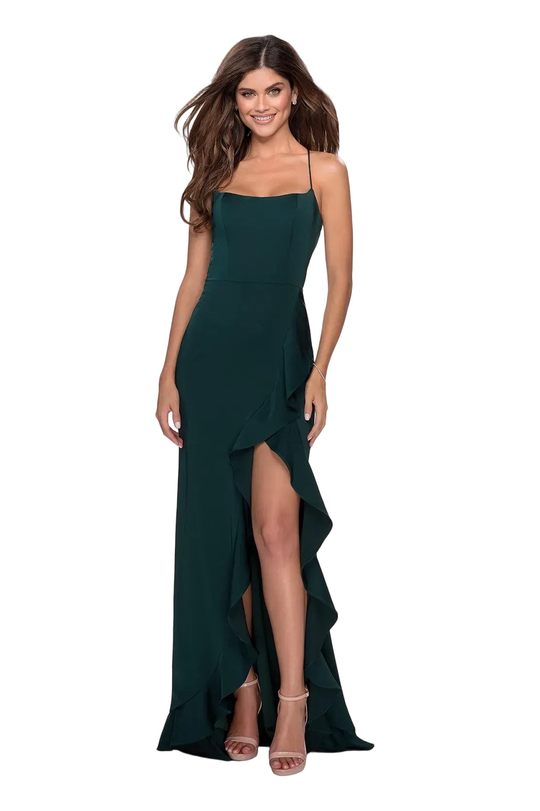 Sleek Mermaid SquareNeck Sleeveless Satin Maxi Ruffle Prom Dress