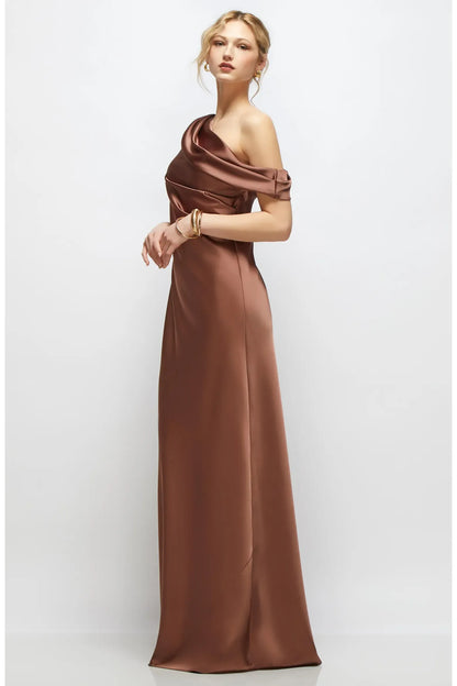 Sleek Column One Shoulder Off Sleeve Open Back Floor Evening Dress