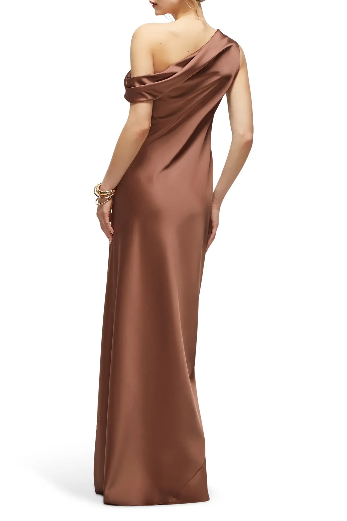 Sleek Column One Shoulder Off Sleeve Open Back Floor Evening Dress