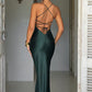 Sleeveless Backless Satin Maxi Prom Dress With High Slit And Lace-Up